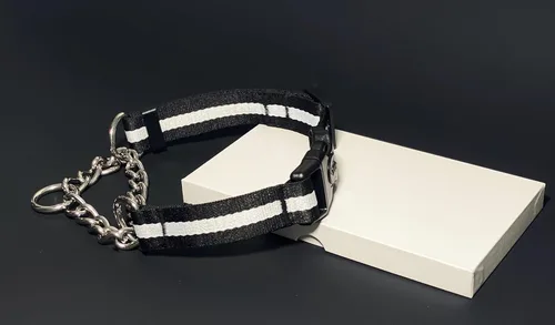 Vista 3 de Collar Martingale para perros, collares de nailon ajustables con hebilla de liberación rápida, rayas multicolores, cadena de acero inoxidable