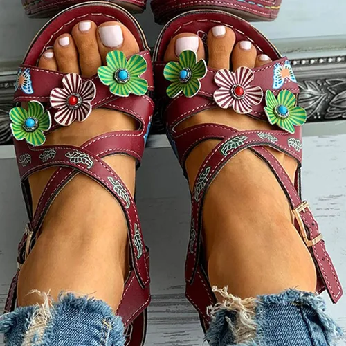 Vista 6 de ZiSUGP Sandalias de tacón bajo con correa al tobillo para mujer, estilo retro, con diseño de flores, de tacón bajo, para verano, bohemias, Rojo, 8