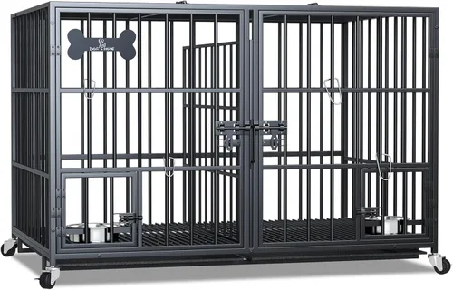 Vista 11 de Jaula XL de 54 pulgadas para perros grandes/perros medianos dobles, jaula de metal resistente para perros, toda metálica con parte superior abierta