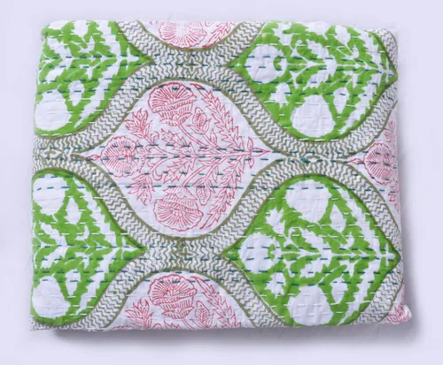 Vista 4 de Colcha Kantha de algodón con estampado de bloques de mano india, tamaño individual, 90 x 60 pulgadas