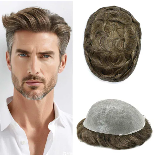 Vista 68 de 0.002 in ultra fina piel tupé Remy cabello humano piezas para hombres V-Looped sistema de pelo para hombre tupé pelo tupé para hombres protesis