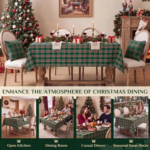 Vista 6 de Softalker Mantel rectangular de Navidad a cuadros, mantel de franela de algodón a cuadros de búfalo verde, decoración de mesa de invierno