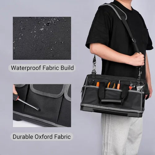 Vista 6 de Bolsa de herramientas resistente con 16 bolsillos, organizador de herramientas impermeable de 16 pulgadas con base reforzada, correa de hombro