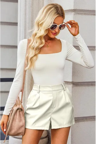 Vista 6 de luvamia Pantalones cortos de piel sintética para mujer, cintura alta, plisados, pierna ancha, elásticos, con bolsillos, pantalones cortos de piel