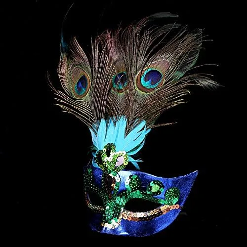 Vista 5 de BLUE GARLIC Máscara de mascarada para mujer, máscara de plumas de pavo real, máscara de Mardi Gras para niñas, Azul