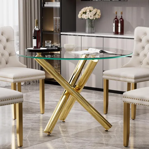 Vista 14 de Mesa de comedor redonda de vidrio para 2-3, parte superior de vidrio templado moderna, patas cromadas resistentes, almohadillas ajustables