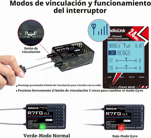 Vista 8 de Radiolink R7FG - Receptor de giroscopio de 7 canales, 2.4 GHz, telemetría integrada, control de largo alcance para RC coche, barco, transmisor