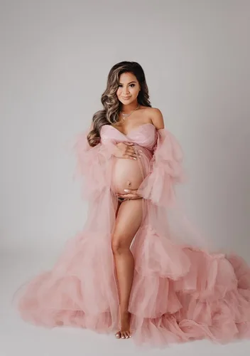 Vista 3 de Tianzhihe Bata de maternidad para sesión de fotos, pareo de playa, transparente, largo para novia, esponjoso, rasgo de boda