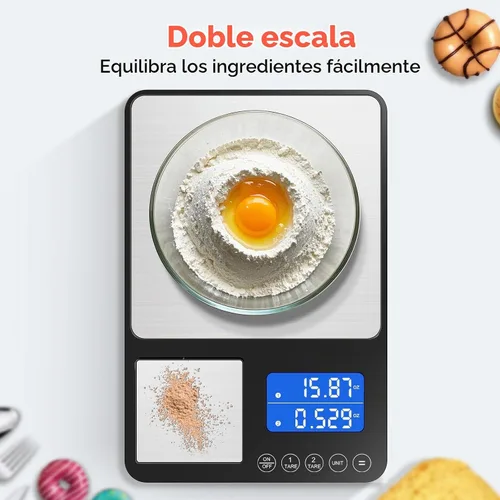 Vista 2 de KUAIVO Báscula de cocina de doble plataforma de 0.001 onzas / 33 libras, báscula digital de alimentos con dos superficies de precisión, pantalla