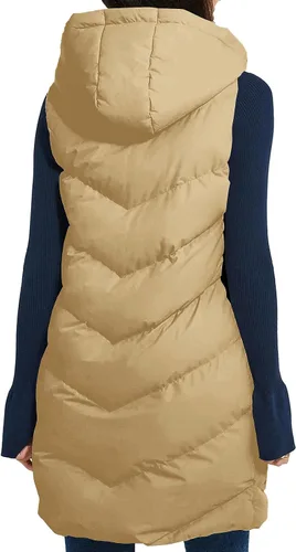 Vista 3 de Ebifin Chaleco acolchado largo para mujer, sin mangas, con capucha y cremallera completa, con bolsillos
