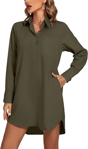 Vista 17 de LYANER Vestido camisero para mujer con cuello en V, botones, manga larga y dobladillo curvado