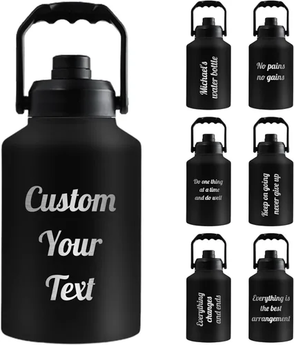 Vista 8 de Botellas de agua aisladas personalizadas de 64 onzas con tapas de mango de boquilla, nombre personalizado, logotipo, texto grabado, botella de agua