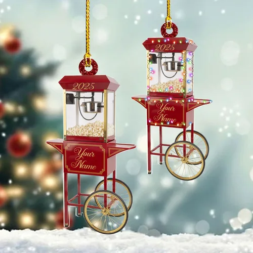 Vista 11 de Adorno de Navidad personalizado de máquina de palomitas de maíz 2025, caja de palomitas de maíz plana 2D, decoración de árbol, regalo único