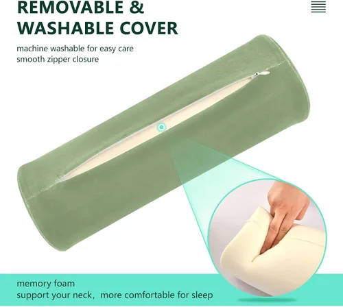 Vista 4 de YETTASBIN Almohada redonda cilíndrica de color verde salvia para aliviar el dolor de cuello, suave y transpirable, almohada de espuma viscoelástica