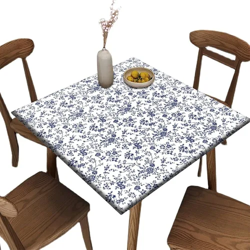 Vista 64 de Mantel redondo ajustable con borde elástico floral azul, mantel con borde elástico de estilo floral pastoral, almohadilla de mesa de poliéster