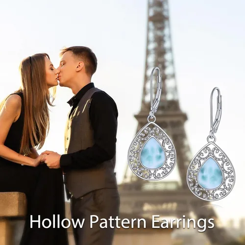 Vista 38 de Aretes colgantes con forma de lágrima de filigrana de piedra lunar de plata de ley 925 con cierre de palanca para mujer, regalos de joyería