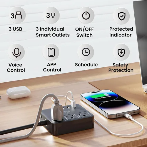 Vista 3 de GHome Smart Regleta de alimentación con 3 salidas WiFi y 3 puertos USB, protector de sobretensiones inteligente con certificación ETL, funciona