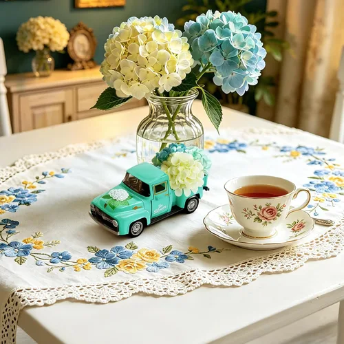 Vista 4 de Huray Rayho Hortensias de metal para camión, con patrón vibrante de hortensias artificiales, decoración de mesa de primavera, bandeja escalonada