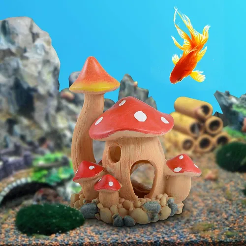 Vista 2 de Bonita decoración de casa de hongos para acuario, adorno de pecera, cuevas de Pleco para escondite de peces pequeños y decoraciones de jardín