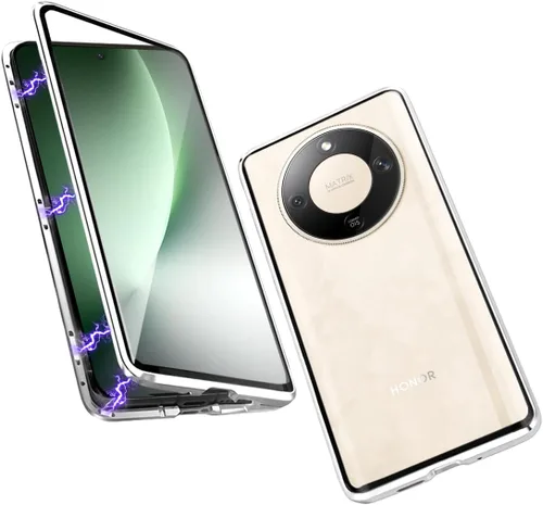 Vista 13 de QUIETIP Funda magnética para Honor Magic 8 Lite/Honor X9d, marco de metal de doble cara cubierta de vidrio templado transparente, negro