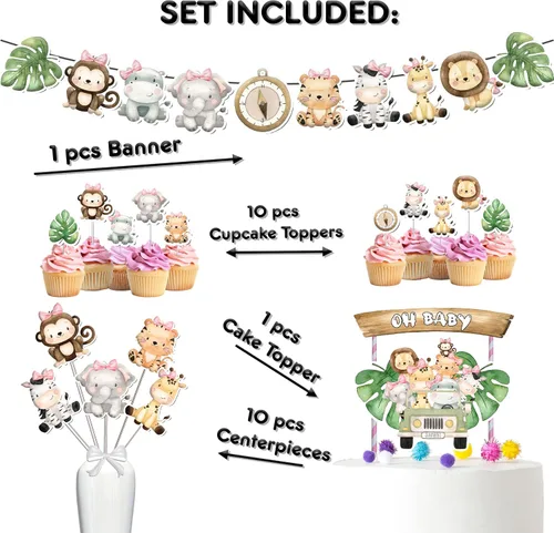 Vista 2 de Juego de decoración de baby shower de animales de la selva para niña, paquete de animales de safari, suministros de fiesta temática para baby shower.