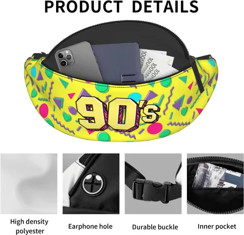 Vista 4 de Riñonera con patrón sin costuras de los años 80 y 90 estilo Memphis para hombres y mujeres, cintura informal ajustable para viajes, fiestas