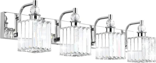 Vista 17 de Ralbay - Luces de tocador de cristal, 2 luces, modernas lámparas de cromo de cristal para iluminación de baño, para usar sobre el espejo