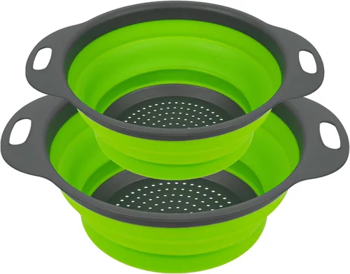 Vista 10 de AUAUY Juego de 2 coladores plegables, colador plegable cuadrado de silicona con asas de plástico, colador de cocina ecológico con agujeros grandes