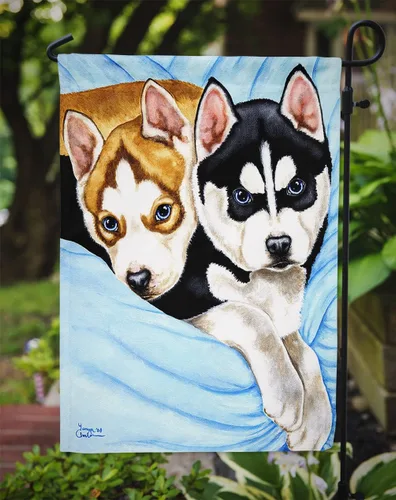Vista 3 de Caroline's Treasures AMB1327GF - Bandera de jardín con diseño de ángeles de nieve y husky siberiano, bandera decorativa para patio exterior, patio