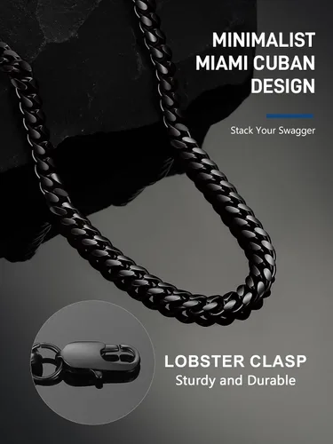 Vista 7 de ChainsPro Stainless Steel Mens Cuban Link Chains, Hip Hop Miami Necklace Negro