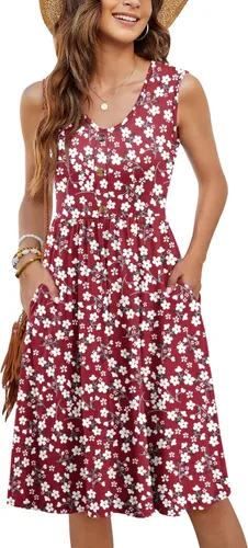 Vista 11 de MOLERANI - Vestidos de verano para mujer, sin mangas, casual, sueltos, acampanados, midi, con botones, con bolsillos Estampado Azul Marino Blanco