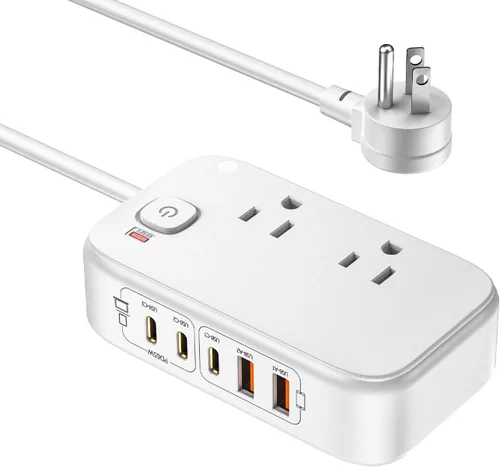 Vista 11 de Regleta de alimentación de viaje, estación de carga USB rápida de 65 W, cargador USB 7 en 1 máximo con 2 tomas, 3 USB C y 2 USB A, cable de Negro
