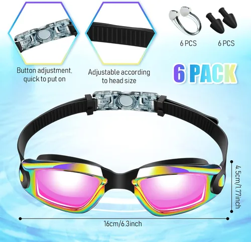 Vista 3 de Flutesan Paquete de 6 gafas de natación para adultos y niños, anti niebla, con tapones para los oídos, clip para la nariz, sin fugas, protección