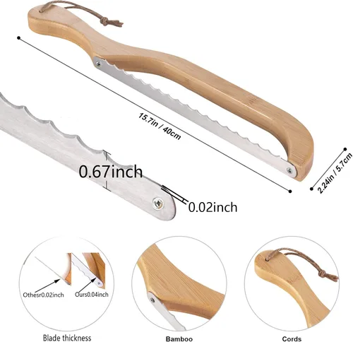 Vista 6 de Cortador de pan de arco premium, cuchillo de pan de masa madre con mango de bambú de 15.6 pulgadas, hoja dentada de acero inoxidable de grado