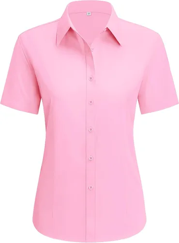 Vista 10 de siliteelon Camisas de vestir para mujer, de manga corta, de algodón, camisa con botones abajo, camisa básica con botones arriba, camisas con cuello