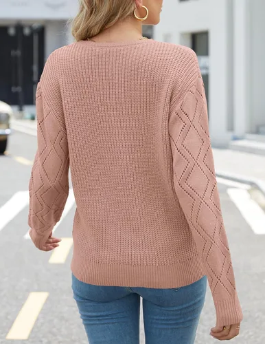 Vista 3 de MIROL Suéter de encaje guipur para mujer, cuello en V, manga larga, tejido de ganchillo, casual, para otoño