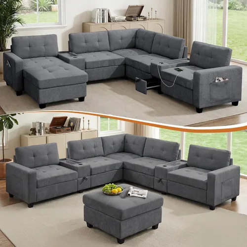 Vista 40 de Sofá modular de 103 pulgadas con 2 consolas acrílicas, juego de sofá en forma de U de gran tamaño con cargador USB, cajones de almacenamiento, Beige