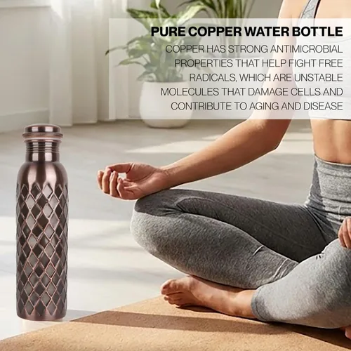 Vista 5 de Alpha Living Home Pure Copper Water Bottle Set of 3 - Handcrafted Drinking Bottles with Hammered, Diamond & Honeycomb Design - Leak Proof Wide Mouth