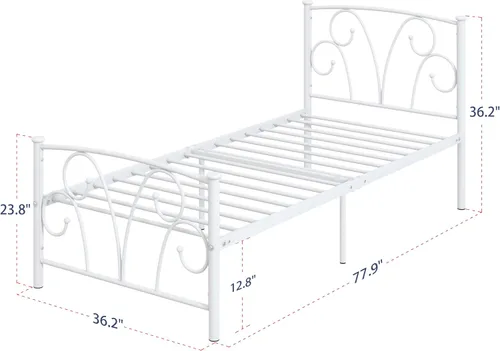 Vista 9 de Elephance - Base de cama individual con cabecera y estribo de metal, color blanco