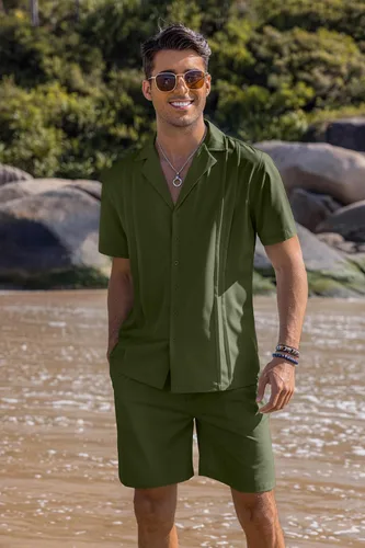 Vista 2 de COOFANDY Conjunto corto de 2 piezas para hombre, camisa con botones Guayabera, casual, trajes de playa de verano Verde militar