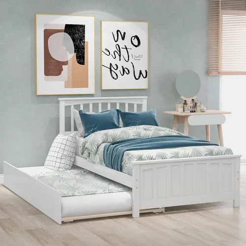 Vista 10 de Harper & Bright Designs Marco de cama doble con cama nido, plataforma para niños, cama doble con cama nido extraíble, madera maciza, no necesita