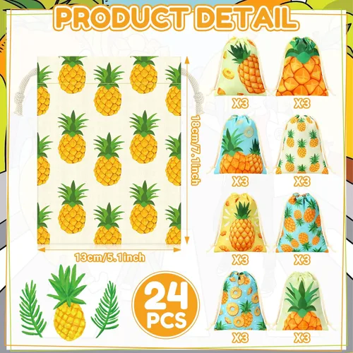 Vista 2 de Sweetude 24 piezas de decoraciones hawaianas de fiesta de 5 x 7 pulgadas, bolsas de regalo de piña Luau para fiesta, pequeñas bolsas de dulces