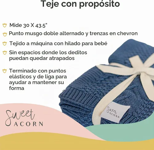 Vista 4 de Manta de bebé tejida Sweet Acorn en patrón de cable, mantas de algodón orgánico para cuna o cochecito, mantas de recepción - Azul Bahía