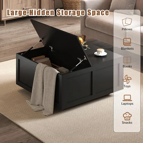Vista 6 de HedoAjim Mesa de centro elevable con almacenamiento, mesa de centro cuadrada negra de 31.5 pulgadas con gran almacenamiento oculto, mesa central