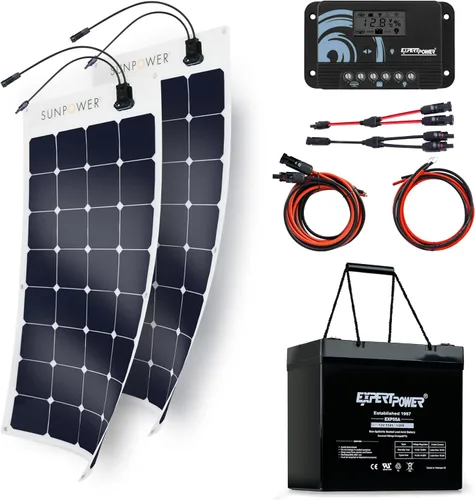 Vista 10 de ExpertPower Kit solar: panel flexible SunPower de 100 W, batería AGM SLA de 12 V 20 AH, controlador de 10 A y cables, bricolaje fuera de la red