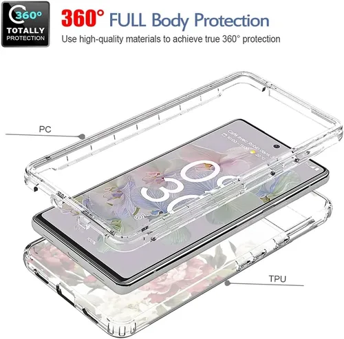 Vista 3 de Funda para Google Pixel 6A, diseño floral, protector de pantalla de vidrio templado transparente, funda protectora de cuerpo completo