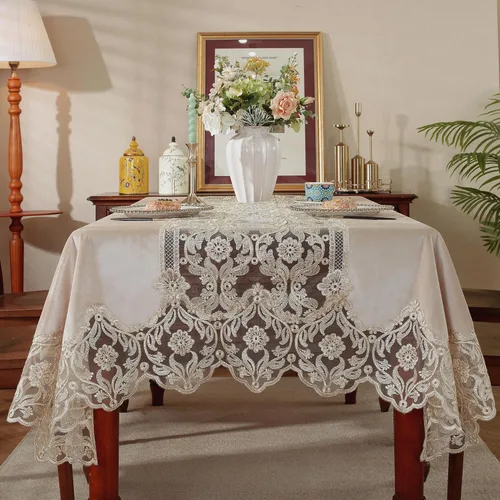 Vista 2 de DIGNFYING - Mantel de terciopelo italiano de encaje, retro, bohemio, rústico, elegante, rectangular, bordado, dorado, para fiesta de Navidad