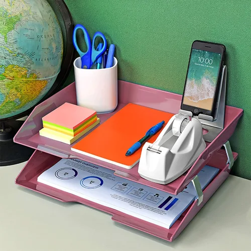 Vista 3 de Acrimet Facility - Organizador de archivos de escritorio de plástico de 2 niveles (color rosa sólido)