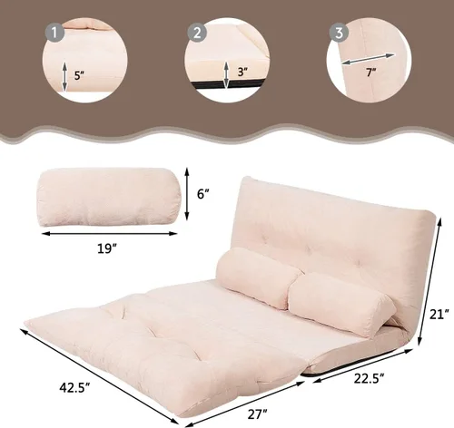 Vista 5 de Giantex Sofá de suelo ajustable con 2 almohadas, sofá cama plegable multifuncional de 6 posiciones, asiento de piso de gamuza multifuncional