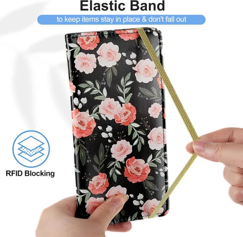 Vista 5 de Funda para chequera personal, cartera RFID con soporte para bolígrafo y divisor de plástico transparente integrado para cheques duplicados, Flor